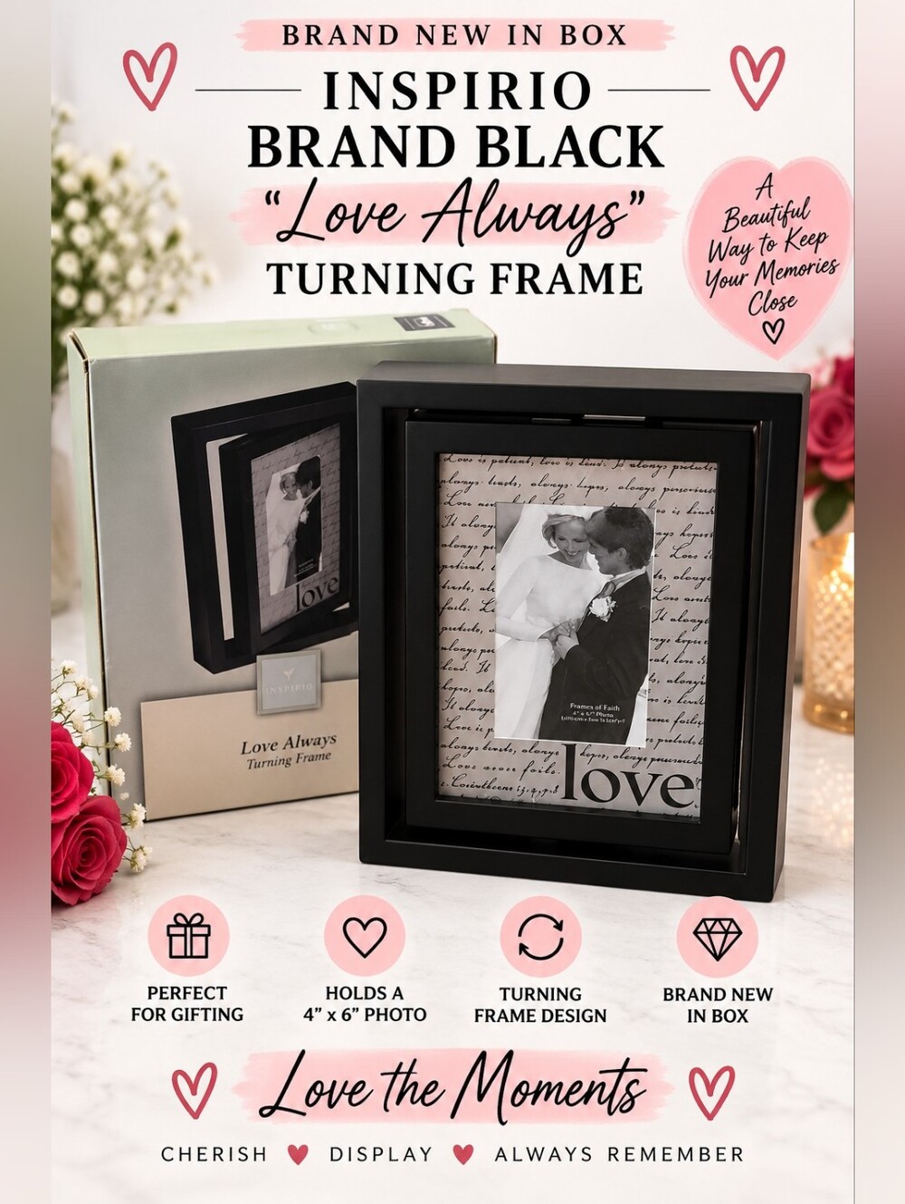 NEW IN BOX INSPIRIO BRAND BLACK LOVE ALWAYS TURNING PHOTO FRAME